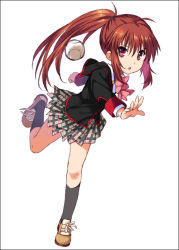 Rule 34 | 1girl, :o, baseball, black socks, border, bow, brown hair, chestnut mouth, kneehighs, leg up, little busters!, long hair, looking at viewer, mizuki makoto, natsume rin, pink bow, pitching, plaid, plaid skirt, pleated skirt, red eyes, school uniform, shoes, side ponytail, skirt, sneakers, socks, solo, standing, standing on one leg, throwing