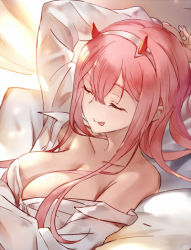 Rule 34 | 10s, 1girl, 77gl, :p, arm behind head, bed sheet, breasts, cleavage, collarbone, darling in the franxx, dress shirt, closed eyes, grey hairband, hair between eyes, hairband, horns, large breasts, long hair, lying, on back, open clothes, open shirt, pillow, pink hair, shirt, sleeping, smile, solo, tongue, tongue out, upper body, white shirt, zero two (darling in the franxx)