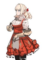 Rule 34 | 1girl, :o, blonde hair, blue eyes, braid, breasts, dress, drill hair, french braid, gauntlets, hair intakes, hair ribbon, hand on own chest, hand up, highres, juliet sleeves, long hair, long sleeves, medium breasts, open mouth, pinafore dress, puffy sleeves, red dress, red ribbon, ribbed sweater, ribbon, scarlett (unicorn overlord), simple background, sleeveless, sleeveless dress, solo, solokitsune, sweater, turtleneck, turtleneck sweater, unicorn overlord, white background, white sweater