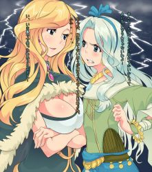 Rule 34 | 2girls, :d, alex (ragnarok online), amami amayu, asymmetrical docking, blonde hair, blue eyes, blue hair, blue hairband, blush, bracelet, breast envy, breast hold, breast press, breasts, brooch, cape, cleavage, clenched teeth, cloud, cloudy sky, crossed arms, earrings, eye contact, flat chest, fur trim, gem, hairband, height difference, jewelry, large breasts, laura (ragnarok online), lightning, long hair, long sleeves, looking at another, multiple girls, necklace, open mouth, parted bangs, ragnarok online, shiny skin, sky, smile, swept bangs, teeth, text focus, translation request, upper body