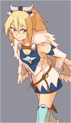 Rule 34 | 10s, 1girl, aqua eyes, ayuria, bare shoulders, blonde hair, bone hair ornament, breasts, cape, cleavage, dagger, dress, elbow gloves, fur cape, gloves, hair ornament, knife, looking at viewer, monster hunter (series), monster hunter stories, ponytail, sleeveless, sleeveless dress, small breasts, smile, solo, weapon