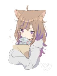 Rule 34 | +++, 1girl, ahoge, animal, animal ear fluff, animal ears, blush stickers, brown hair, cat ears, cat girl, closed mouth, commentary request, fish, food in mouth, grey hoodie, highres, hood, hood down, hoodie, long hair, mafuyu (chibi21), mouth hold, multicolored hair, hugging object, original, purple eyes, purple hair, signature, simple background, solo, streaked hair, white background, x x