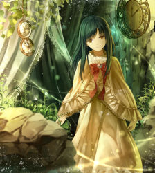Rule 34 | 1girl, :|, black hair, broken, brown eyes, capelet, clock, closed mouth, curtains, dress, expressionless, long hair, neck ribbon, original, plant, ribbon, rock, solo, standing, yasuno (airy light), yellow dress, yellow eyes