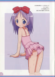 Rule 34 | 00s, 1girl, absurdres, ass, blue eyes, blush, casual one-piece swimsuit, female focus, hair ornament, highres, hiiragi tsukasa, looking at viewer, looking back, lucky star, mel (melty pot), non-web source, one-piece swimsuit, page number, pink one-piece swimsuit, purple hair, ribbon, scan, solo, sweat, swimsuit, translated, wet
