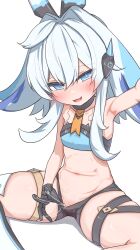 Rule 34 | 1girl, armpits, black gloves, black shorts, blue eyes, blue hair, blush, bright pupils, clothes pull, fang, gloves, hair between eyes, highres, honkai (series), honkai impact 3rd, kyaong, long hair, looking at viewer, multicolored hair, navel, open mouth, pulling own clothes, pussy juice, pussy juice trail, reaching, reaching towards viewer, shorts, shorts pull, simple background, sitting, solo, stomach, thigh strap, white background, white pupils