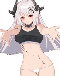 Rule 34 | 1girl, absurdres, arknights, bare shoulders, binware, blush, breasts, cameltoe, closed mouth, collar, cowboy shot, gluteal fold, grey hair, hair ornament, highres, horns, infection monitor (arknights), large breasts, long hair, looking at viewer, material growth, mudrock (arknights), navel, oripathy lesion (arknights), outstretched arms, panties, pointy ears, red eyes, smile, solo, sports bra, straight hair, thigh gap, underwear, white panties