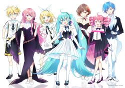 Rule 34 | 2boys, 5girls, ahoge, aqua eyes, aqua hair, bare shoulders, blonde hair, blue eyes, blue hair, blush, bow, bowtie, brown hair, commentary, crossover, crypton future media, dress, dress shirt, dress suit, drill hair, elbow gloves, everyone, flower, formal, full body, gloves, hair bow, hair flower, hair ornament, hairclip, halter dress, halterneck, hatsune miku, kagamine len, kagamine rin, kaito (vocaloid), kasane teto, long hair, looking at viewer, megurine luka, meiko (vocaloid), miku symphony (vocaloid), multiple boys, multiple girls, necktie, one eye closed, pant suit, pants, pink hair, red eyes, red hair, reflection, rose, shirt, short hair, sleeveless, sleeveless dress, smile, straight hair, suit, twin drills, twintails, very long hair, vocaloid, white background, white gloves, wide sleeves, wogura