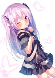 Rule 34 | 1girl, ;), bare shoulders, black bow, black dress, black scrunchie, blush, bow, breasts, bug, butterfly, chinomaron, commentary request, dress, dutch angle, frilled thighhighs, frills, hair ornament, hair scrunchie, hand up, heart, highres, hololive, index finger raised, insect, long hair, off-shoulder dress, off shoulder, one eye closed, pink hair, purple eyes, scrunchie, short sleeves, simple background, small breasts, smile, solo, thighhighs, two side up, uruha rushia, uruha rushia (3rd costume), very long hair, virtual youtuber, white background, white thighhighs, wrist cuffs