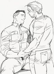 Rule 34 | 2boys, bara, beard, cosgrove (dickfish), couple, dickfish (fishismdick), eye contact, facial hair, feet out of frame, head tilt, highres, looking at another, male focus, mature male, military, military uniform, multiple boys, muscular, muscular male, original, pants, pectorals, scan, shirt, short hair, sideburns, sitting, sketch, smile, standing, stubble, t-shirt, traditional media, uniform, yaoi