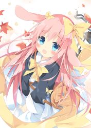 Rule 34 | 1girl, :d, animal ears, autumn leaves, bag, black jacket, blue eyes, blush, bow, chain, collared jacket, commentary request, dress, hair between eyes, hair bow, highres, jacket, kushida you, long hair, long sleeves, looking at viewer, open mouth, original, pink hair, rabbit ears, ribbon, shoulder bag, smile, solo, v arms, very long hair, white dress, wide sleeves, yellow bow, yellow ribbon