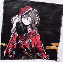 Rule 34 | 1other, ametsukana yago, androgynous, brown hair, closed mouth, cocopalm, highres, japanese clothes, kimono, len&#039;en, long sleeves, marker (medium), mask, mask on head, medium hair, other focus, red eyes, red kimono, removing mask, solo, traditional media, upper body, wide sleeves