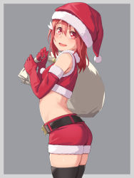 Rule 34 | 1girl, absurdres, ass, bare shoulders, bell, black thighhighs, blush, breasts, christmas, elbow gloves, gloves, grey background, groin, hair ornament, hairclip, hat, highres, looking at viewer, looking to the side, michairu, midriff, open mouth, red eyes, red gloves, red hair, red shorts, sack, santa costume, santa hat, short hair, short shorts, shorts, simple background, small breasts, smile, solo, standing, teeth, thighhighs, upper body, upper teeth only, yuuki yuuna, yuuki yuuna wa yuusha de aru, yuusha de aru