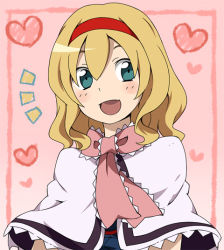 Rule 34 | 1girl, :d, alice margatroid, arieko, blonde hair, capelet, female focus, hairband, heart, open mouth, smile, solo, touhou, upper body