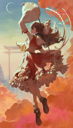 Rule 34 | 1girl, autumn, bow, brown footwear, brown hair, closed mouth, cloud, crescent moon, detached sleeves, dress, evening, expressionless, frilled skirt, frills, from behind, full body, gohei, hair bow, hair tubes, hakurei reimu, highres, japanese clothes, kneepits, looking to the side, medium hair, miko, modare, moon, neckerchief, ofuda, pink clouds, red bow, red dress, red skirt, shoes, skirt, socks, solo, torii, touhou, white socks, wide sleeves, yellow neckerchief