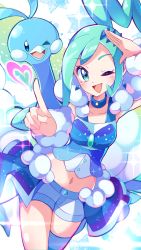 Rule 34 | 1girl, ;d, absurdres, altaria, arm warmers, bad id, bad pixiv id, blush, collar, collarbone, commentary request, creatures (company), eyelashes, game freak, gen 3 pokemon, green eyes, green hair, heart, highres, idol, index finger raised, lisia (pokemon), looking at viewer, miyama (yakinikusushi the royal), navel, nintendo, one eye closed, open mouth, pokemon, pokemon (creature), pokemon oras, shorts, shorts under skirt, showgirl skirt, single thighhigh, smile, sparkle, striped clothes, striped thighhighs, thighhighs, tongue