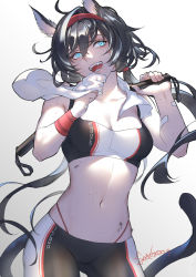 Rule 34 | 1girl, :d, alternate costume, animal ears, arknights, bandaid, black hair, black sports bra, blaze (arknights), blue eyes, breasts, cleavage, clothes writing, collarbone, cowboy shot, fangs, grey background, hair between eyes, hairband, head tilt, highleg, highleg panties, highres, holding, holding towel, long hair, low twintails, medium breasts, midriff, navel, open mouth, panties, smile, solo, spade-m, sports bra, sweat, tail, toned, towel, towel around neck, twintails, underwear, very long hair, wiping sweat, wristband