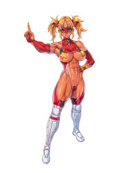 Rule 34 | 1girl, abs, blue eyes, breasts, bridal gauntlets, brown hair, elbow gloves, f.s., gloves, hand on own hip, highres, index finger raised, knee pads, lightning bolt symbol, muscular, muscular arms, muscular female, muscular legs, original, outstretched arms, revealing clothes, simple background, smile, solo, standing, star (symbol), twintails, underboob, white background, wrestling mask, wrestling outfit