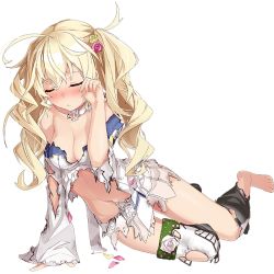 Rule 34 | 1girl, ahoge, artist request, bare shoulders, barefoot, blonde hair, blush, breasts, chateau d&#039;usse (oshiro project), cleavage, closed eyes, feet, flower, full body, hair flower, hair ornament, hand on own face, long hair, lying, medium breasts, midriff, navel, official art, on side, oshiro project:re, oshiro project:re, petals, torn clothes, transparent background, wavy hair