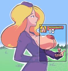 Rule 34 | 1boy, 1girl, advance wars, blonde hair, breasts, breasts out, giant, giantess, hat, large breasts, nell (advance wars), nipples, outdoors, plow (witch parfait), size difference