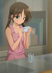 1girl a_glass_of_water anime_screenshot blush brown_hair full_body green_eyes hetero in_the_kitchen oyasumi_sex short_hair sleeping_pills sleeping_shirt stitched third-party_edit tsukioka_yui twintails