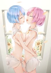 Rule 34 | 2girls, ^ ^, an-telin, apron, blue hair, breast press, breasts, closed eyes, commentary, cowboy shot, female focus, flower, from side, hair ornament, hairclip, highres, hug, incest, indoors, medium breasts, multiple girls, neckerchief, open mouth, petals, pink hair, profile, ram (re:zero), re:zero kara hajimeru isekai seikatsu, rem (re:zero), sailor collar, siblings, sidelocks, sisters, small breasts, standing, symmetrical docking, thighs, tongue, tongue out, twincest, twins, waist apron, white apron, white sailor collar, window, yellow flower, yellow neckerchief, yuri