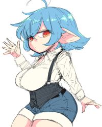 Rule 34 | 1girl, antenna hair, belt, black belt, black corset, blue hair, blue shorts, breasts, buttons, cleavage, closed mouth, corset, cowboy shot, denim, denim shorts, dot mouth, dress shirt, expressionless, from side, hands up, inarou (rakugakiproject), jitome, large breasts, long sleeves, looking away, looking to the side, open hand, original, pointy ears, red eyes, shirt, short hair, shorts, shorts rolled up, shortstack, simple background, sketch, solo, suspenders, thighs, waving, white background, white shirt