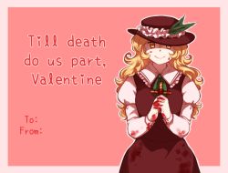 Rule 34 | 1girl, blonde hair, blood, blood on clothes, blood on face, blood on hands, blood stain, cross, dolls in pseudo paradise, english text, extra, facing viewer, hat, jacket girl (dipp), looking at viewer, nekolina, own hands together, shaded face, smile, solo, touhou, valentine, yandere, yellow eyes