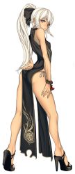 Rule 34 | 10s, 1girl, artist request, ass, blade &amp; soul, blue eyes, bracelet, character request, china dress, chinese clothes, dress, from behind, high heels, highres, jewelry, legs, long hair, looking back, panties, ponytail, ribbon, side-tie panties, sleeveless, sleeveless dress, solo, underwear, white hair