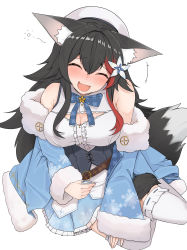 Rule 34 | 1girl, :d, absurdres, animal ear fluff, animal ears, black hair, blue bow, blue bowtie, blue jacket, blue skirt, blush, bow, bowtie, breasts, cleavage, cleavage cutout, closed eyes, clothing cutout, corset, cosplay, flower, frilled skirt, frilled thighhighs, frills, fur-trimmed jacket, fur trim, hair flower, hair ornament, hat, highres, hololive, jacket, large breasts, long hair, long sleeves, micon, multicolored hair, off shoulder, ookami mio, open clothes, open jacket, open mouth, red hair, shirt, simple background, skirt, smile, snowflake print, solo, streaked hair, tail, thighhighs, very long hair, virtual youtuber, white background, white shirt, white thighhighs, wolf ears, wolf tail, yukihana lamy, yukihana lamy (1st costume), yukihana lamy (cosplay)