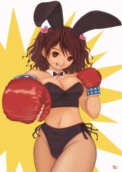 Rule 34 | 1girl, animal ears, artist name, boxing, boxing gloves, breasts, brown hair, bustier, cameltoe, curly hair, detached collar, female focus, fishnet pantyhose, fishnets, grin, hair ornament, heart, highres, kobayashi yuji, large breasts, midriff, navel, pantyhose, rabbit ears, rabbit girl, red eyes, smile, solo