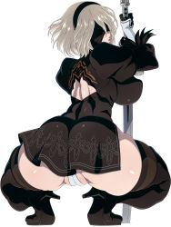 Rule 34 | 1girl, absurdres, ass, back, back cutout, black blindfold, black dress, black gloves, black hairband, blindfold, boots, breasts, cleft of venus, clothing cutout, covered eyes, dress, feather-trimmed sleeves, gloves, hairband, high heel boots, high heels, highleg, highres, j.h., juliet sleeves, katana, large breasts, long sleeves, nier (series), nier:automata, puffy sleeves, short dress, short hair, simple background, solo, squatting, sword, thigh boots, thighhighs, thighs, weapon, white background, white hair, 2b (nier:automata)