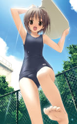 Rule 34 | 1girl, :d, absurdres, amatsume akira, antenna hair, armpits, barefoot, brown eyes, brown hair, feet, flat chest, foot focus, foreshortening, from below, hashimoto takashi, highres, kickboard, one-piece swimsuit, open mouth, school swimsuit, short hair, smile, soles, solo, swimsuit, toes, wet, yosuga no sora