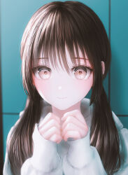 Rule 34 | 1girl, brown eyes, closed mouth, highres, long hair, looking at viewer, ojay tkym, original, signature, smile, solo, sweater, twintails, upper body, white sweater