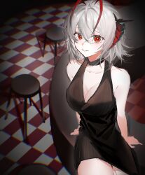 Rule 34 | 1girl, absurdres, alternate costume, antenna hair, arknights, arm support, bad id, bad lofter id, bar (place), bar stool, black dress, blush, breasts, bright pupils, checkered floor, cleavage, cowboy shot, demon horns, dress, grey hair, hair between eyes, highres, horns, large breasts, looking at viewer, multicolored hair, parted lips, red eyes, red hair, shinjiku, sitting, sketch, sleeveless, sleeveless dress, smile, solo, stool, streaked hair, w (arknights), white pupils