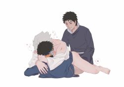 Rule 34 | 3boys, age difference, arm tattoo, ass, bare shoulders, black hair, blush, bottomless, clothed sex, cowgirl position, goggles, grey hair, group sex, hatake kakashi, heart, highres, hug, implied anal, implied penetration, implied sex, jacket, kneeling, long sleeves, looking at another, lying, male focus, mmm threesome, multiple boys, naruto (series), naruto shippuuden, scar, scar on face, sex, sex from behind, short hair, smile, spoken heart, straddling, tattoo, threesome, time paradox, uchiha obito, uw bucciarati, white background, yaoi, aged down