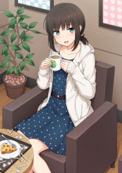 Rule 34 | 1girl, :d, aqua eyes, belt, blue dress, blush, brand name imitation, cake, cake slice, chair, coffee, coffee mug, collarbone, cup, drawing (object), dress, feet, food, fork, fubuki (kancolle), holding, holding cup, indoors, jacket, kantai collection, long hair, long sleeves, looking at viewer, mug, nakamura sumikage, open clothes, open jacket, open mouth, plant, plate, polka dot, polka dot dress, potted plant, short ponytail, sidelocks, sitting, smile, solo, sweat, tray, white jacket, wooden floor
