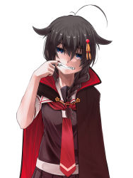 Rule 34 | 1girl, bad id, bad pixiv id, black hair, black serafuku, black shirt, black skirt, blue eyes, braid, cape, fangs, hair flaps, hair ornament, highres, kantai collection, multicolored cape, multicolored clothes, necktie, pleated skirt, red necktie, school uniform, serafuku, shigure (kancolle), shigure kai ni (kancolle), shirt, short sleeves, simple background, single braid, skirt, solo, vampire costume, white background, zombie mogura