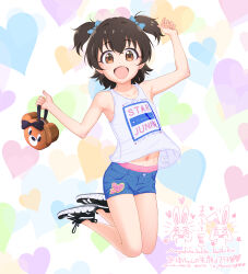 Rule 34 | 1girl, :d, absurdres, akagi miria, animal bag, arm up, bag, bare arms, bare shoulders, black footwear, black hair, blue bow, blue shorts, blush, bow, brown eyes, clothes writing, collarbone, commentary request, denim, denim shorts, hair between eyes, hair bow, heart, heart background, highres, holding, holding bag, idolmaster, idolmaster cinderella girls, looking at viewer, mayafufu, midriff peek, navel, open mouth, shoes, short shorts, shorts, smile, solo, tank top, two side up, white background, white tank top