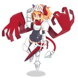 Rule 34 | 1girl, armor, black skirt, blush, broken, broken chain, chain, chain, covered navel, extra hands, fang, floating, frills, gauntlets, greaves, hair between eyes, highres, holding, holding sword, holding weapon, horns, medium hair, open mouth, orange hair, original, pauldrons, pointy ears, red eyes, shoulder armor, simple background, skirt, solo, sword, tail, tongue, weapon, white background, zizi niisan