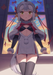 Rule 34 | 1girl, absurdres, bad id, bad pixiv id, bell, bikini, bikini top only, black bikini, black gloves, black thighhighs, bow, breasts, brown eyes, capelet, christmas, cleavage, dress, elbow gloves, fate/grand order, fate (series), fur-trimmed capelet, fur trim, gloves, green bow, grey hair, hair bow, headpiece, highres, jeanne d&#039;arc (fate), jeanne d&#039;arc alter santa lily (fate), long hair, manglifer, pleated dress, polearm, ponytail, red ribbon, reindeer, ribbon, signature, skindentation, small breasts, solo, star (symbol), swimsuit, thighhighs, very long hair, weapon, white capelet, white dress, window