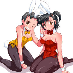 Rule 34 | 2girls, animal ears, black hair, bow, bowtie, breasts, brown eyes, character request, cleavage, detached collar, fake animal ears, hanza sky, medium breasts, multiple girls, pantyhose, playboy bunny, rabbit ears, rabbit tail, short hair, side ponytail, sitting, small breasts, tail, takashi (sgcm-pk-sk), wariza, wrist cuffs