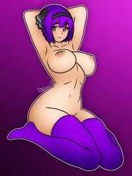 Rule 34 | 1girl, absurdres, alternate color, armpits, arms behind head, black hairband, black ribbon, breasts, gradient background, hair ribbon, hairband, highres, konpaku youmu, large breasts, looking at viewer, nipples, purple background, purple hair, purple thighhighs, red eyes, ribbon, sad, short hair, solo, stomach, thighhighs, touhou, touhou lostword