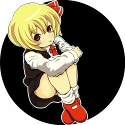 Rule 34 | 1girl, :p, bad id, bad pixiv id, blonde hair, embodiment of scarlet devil, female focus, full body, hair ribbon, mary janes, panties, red eyes, ribbon, rumia, shoes, short hair, sitting, solo, tongue, tongue out, touhou, tsuttsu, underwear