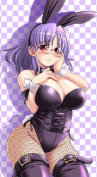 Rule 34 | 1girl, animal ears, blush, breasts, checkered background, cleavage, collar, corset, fake animal ears, fishnet pantyhose, fishnets, glasses, hand on own cheek, hand on own chest, hand on own face, huge breasts, large breasts, leotard, original, pantyhose, playboy bunny, purple hair, purple thighhighs, rabbit ears, rabbit tail, red eyes, shadow, short hair, smile, solo, tail, thighhighs, tonpuu, wrist cuffs