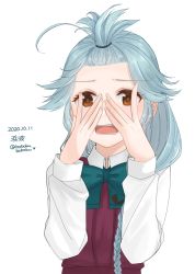 Rule 34 | 1girl, ahoge, bobokuboboku, braid, brown eyes, character name, commentary request, covering face, dated, dress, embarrassed, grey hair, hair over eyes, hamanami (kancolle), highres, kantai collection, long hair, long sleeves, looking at viewer, one-hour drawing challenge, pleated dress, purple dress, school uniform, shirt, simple background, single braid, solo, topknot, twitter username, upper body, white background, white shirt