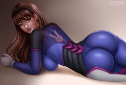 Rule 34 | 1girl, abstract background, ass, blizzard (company), bodysuit, breasts, brown eyes, brown hair, d.va (overwatch), flowerxl, gloves, highres, huge ass, large breasts, long hair, lying, on stomach, one eye closed, overwatch, seductive smile, smile, solo, thighhighs, tiara, video game character, wink