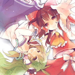 Rule 34 | 2girls, ascot, azuma aya, blue skirt, bow, brown eyes, brown hair, detached sleeves, female focus, foreshortening, frog, from above, green eyes, green hair, hair bow, hair ornament, hair ribbon, hair tubes, hakurei reimu, japanese clothes, kochiya sanae, long hair, lying, midriff, miko, multiple girls, on back, on side, open mouth, outstretched arm, outstretched hand, reaching, red skirt, ribbon, skirt, skirt set, smile, snake, striped clothes, striped skirt, touhou, yellow eyes