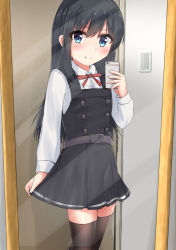Rule 34 | 1girl, asashio (kancolle), belt, black hair, black thighhighs, blue eyes, buttons, cellphone, collared shirt, cowboy shot, door, dress, feet out of frame, flat chest, hair between eyes, highres, holding, holding phone, indoors, kantai collection, long hair, long sleeves, mirror, neck ribbon, phone, pinafore dress, pleated skirt, red ribbon, ribbon, rokosu (isibasi403), school uniform, selfie, shirt, skirt, skirt hold, sleeveless, sleeveless dress, smartphone, smile, solo, taking picture, thighhighs, white shirt