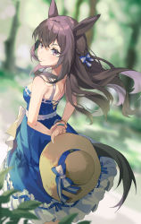 Rule 34 | 1girl, animal ears, arms behind back, blue dress, bracelet, braid, brown hair, dress, from behind, hat, highres, holding, holding clothes, holding hat, horse ears, horse girl, horse tail, hoshiko (419401x), jewelry, long hair, looking to the side, mejiro dober (umamusume), mejiro dober (vacation safir) (umamusume), official alternate costume, purple eyes, sleeveless, sleeveless dress, solo, straw hat, tail, umamusume, unworn hat, unworn headwear