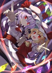 Rule 34 | 2girls, :d, akisome hatsuka, ascot, bat wings, blonde hair, blurry, blurry background, closed mouth, crystal, flandre scarlet, hat, hat ribbon, looking at viewer, mob cap, multiple girls, one side up, open mouth, pointing, purple hair, red ascot, red eyes, red nails, red ribbon, red skirt, red vest, remilia scarlet, ribbon, shirt, short hair, siblings, sisters, skirt, smile, stained glass, touhou, vest, white headwear, white shirt, white skirt, wings, wrist cuffs, yellow ascot